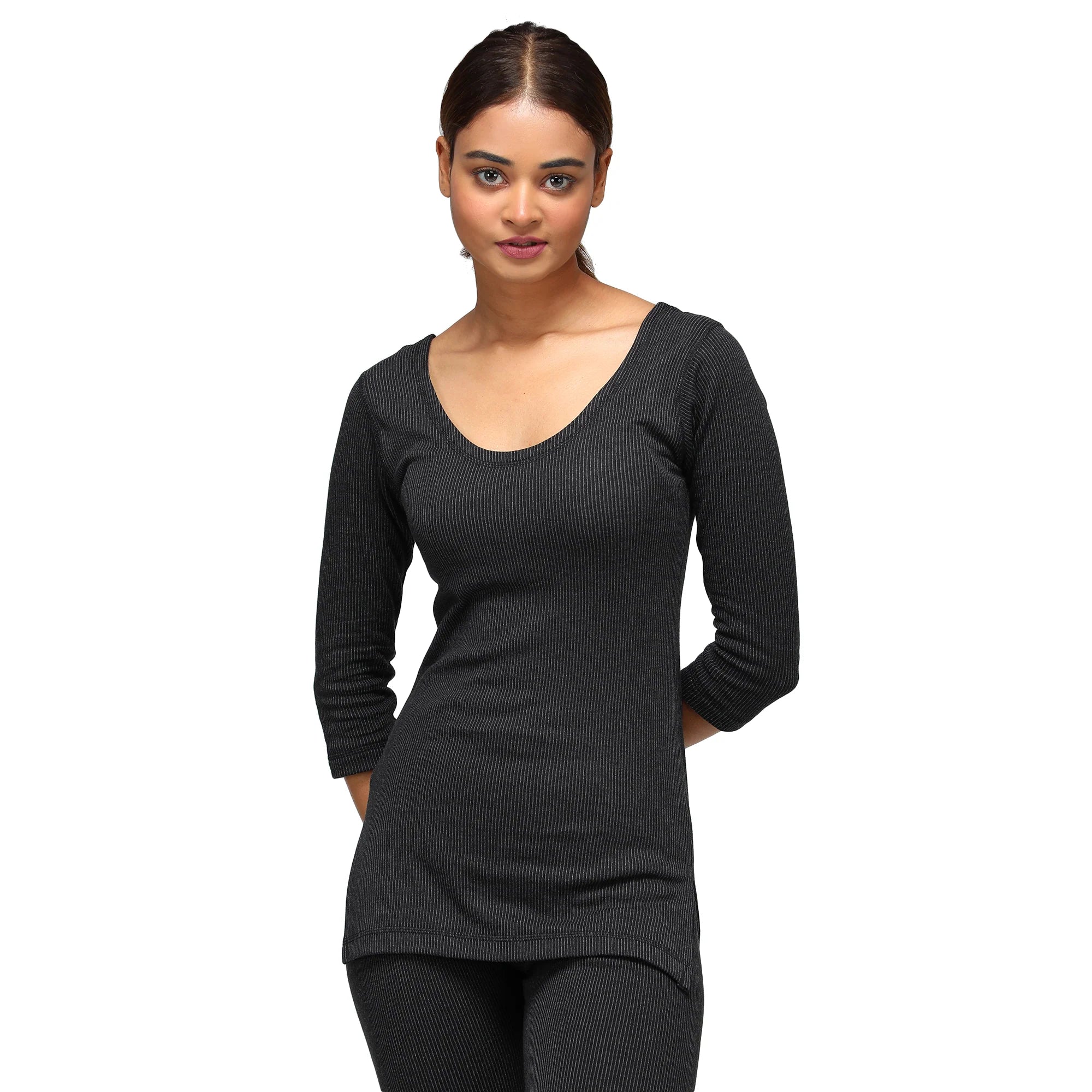 Macho Sporto Round Neck 3/4 Sleeve Top and Bottom Thermal Set for Women - Black