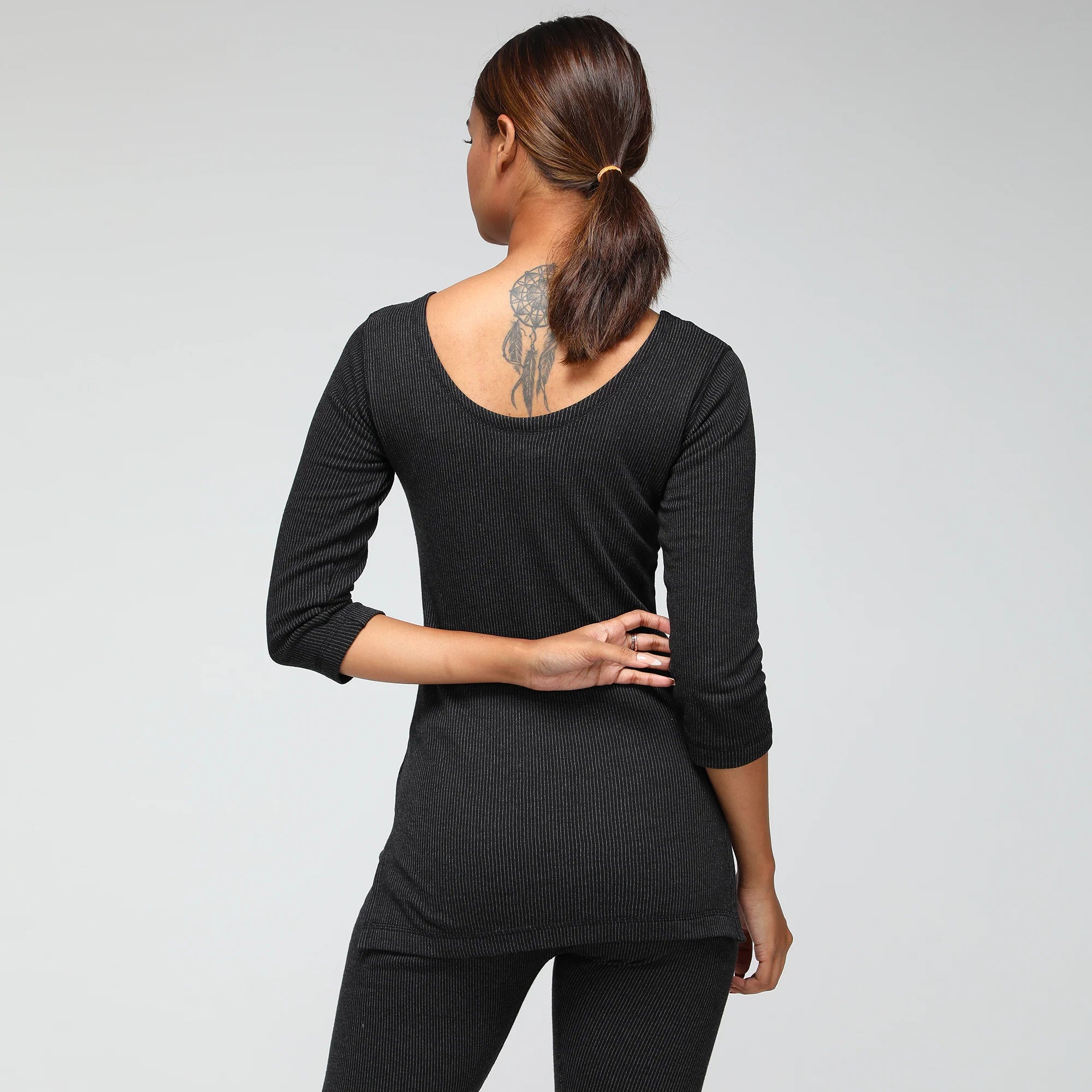 Macho Sporto Round Neck 3/4 Sleeve Top and Bottom Thermal Set for Women - Black