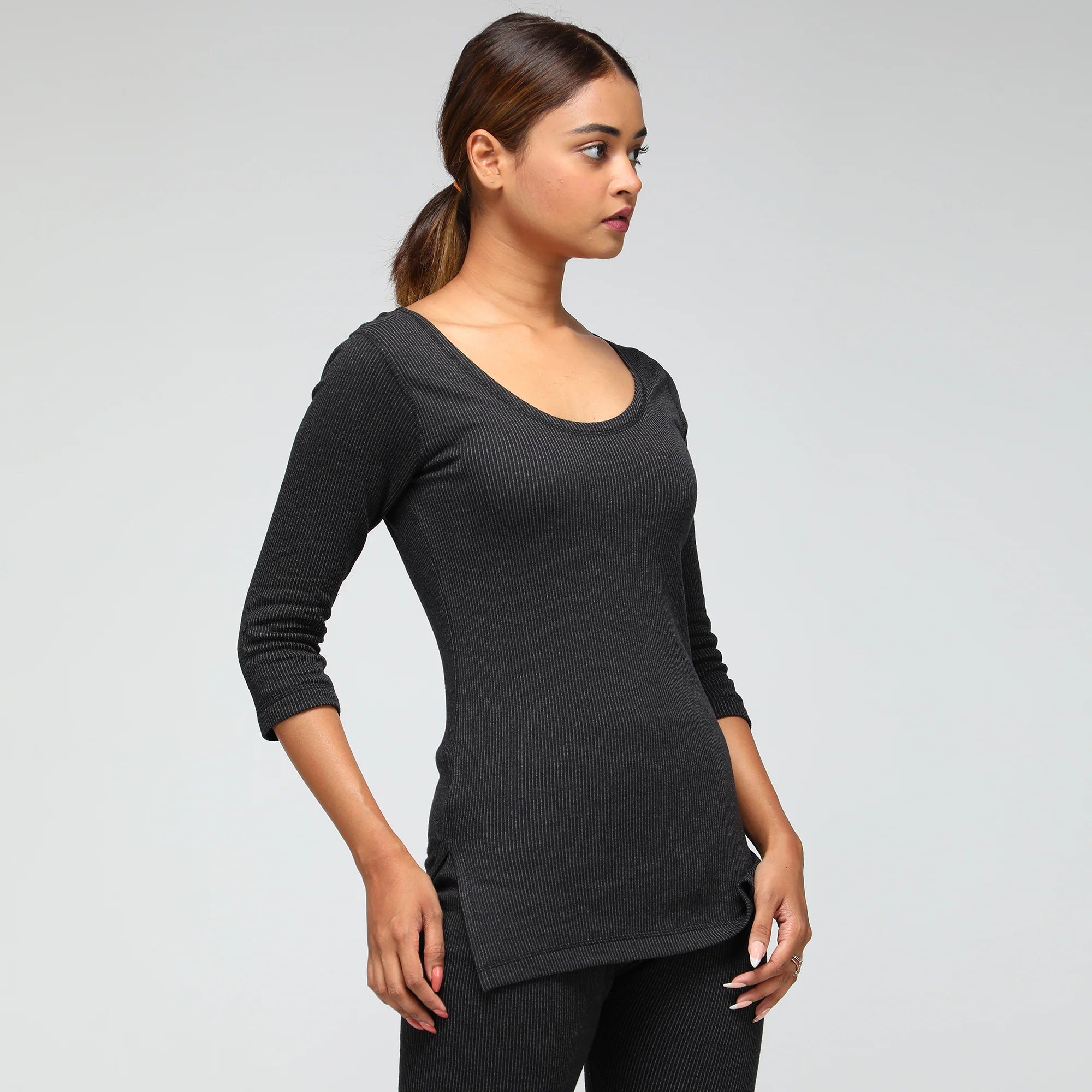 Macho Sporto Round Neck 3/4 Sleeve Top and Bottom Thermal Set for Women - Black