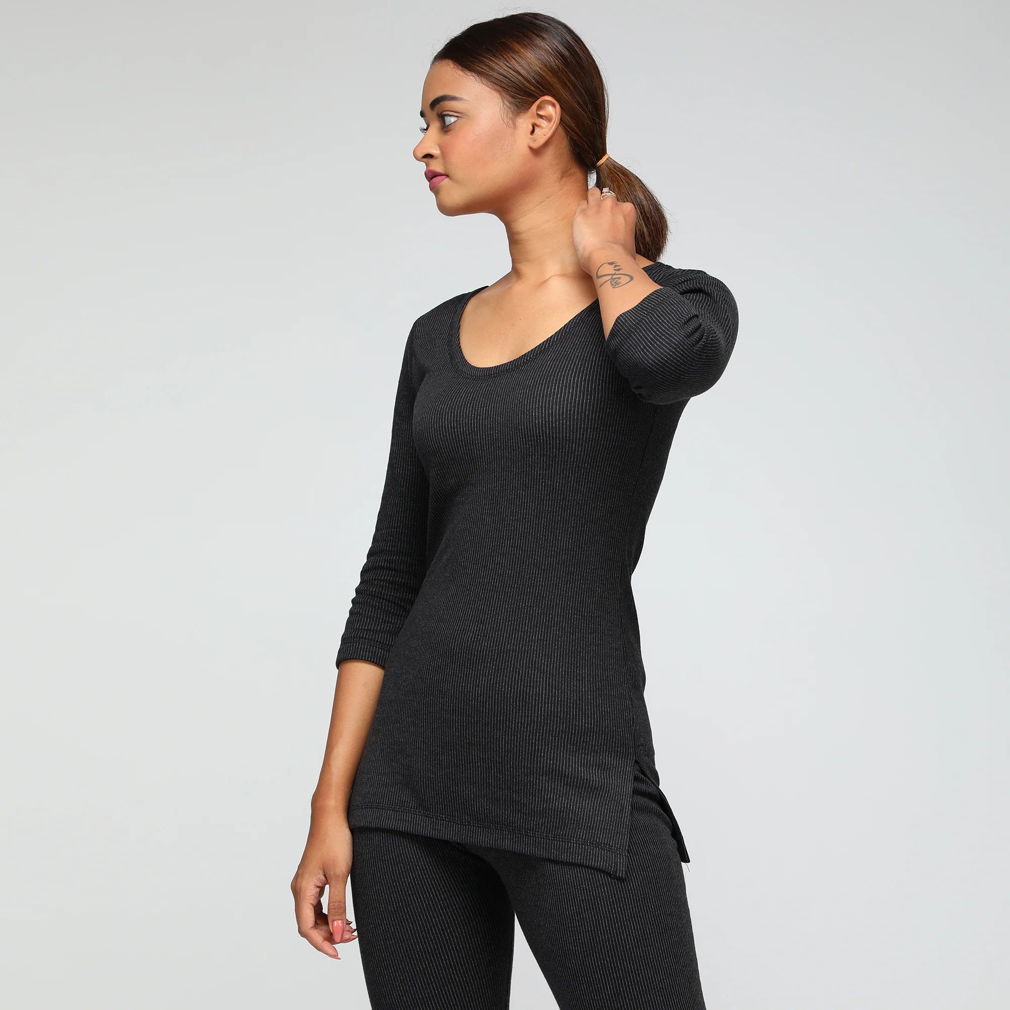 Macho Sporto Round Neck 3/4 Sleeve Top and Bottom Thermal Set for Women - Black