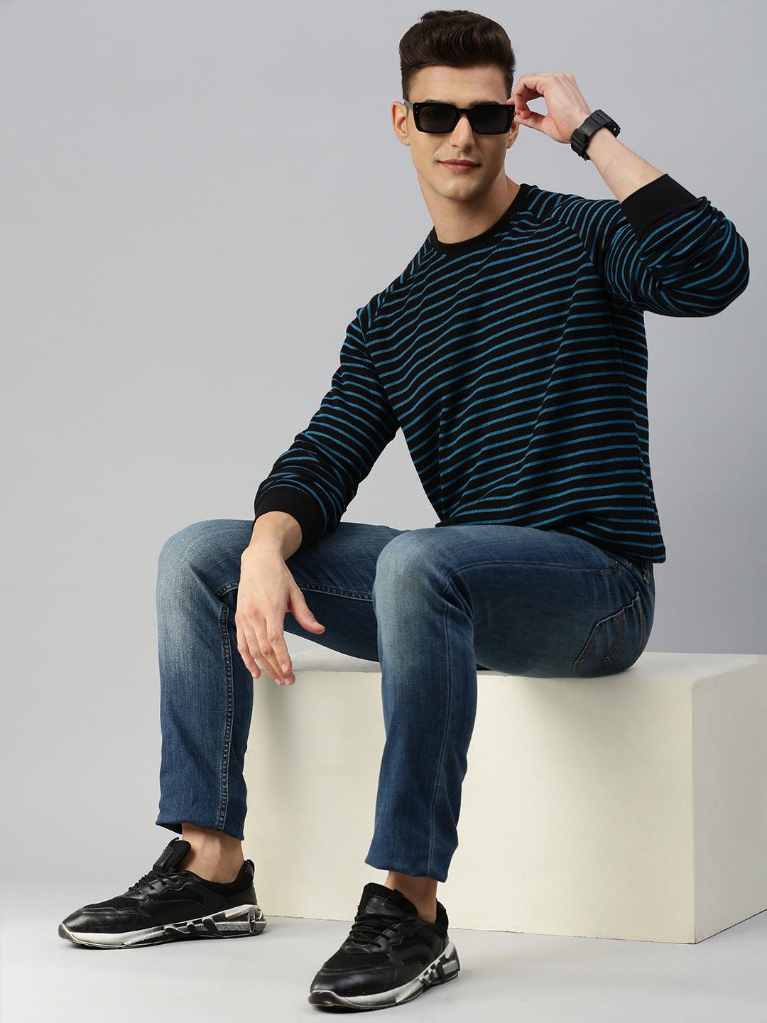 Sporto Ribbed Stripe Sweatshirt for Men | Turquoise-Black