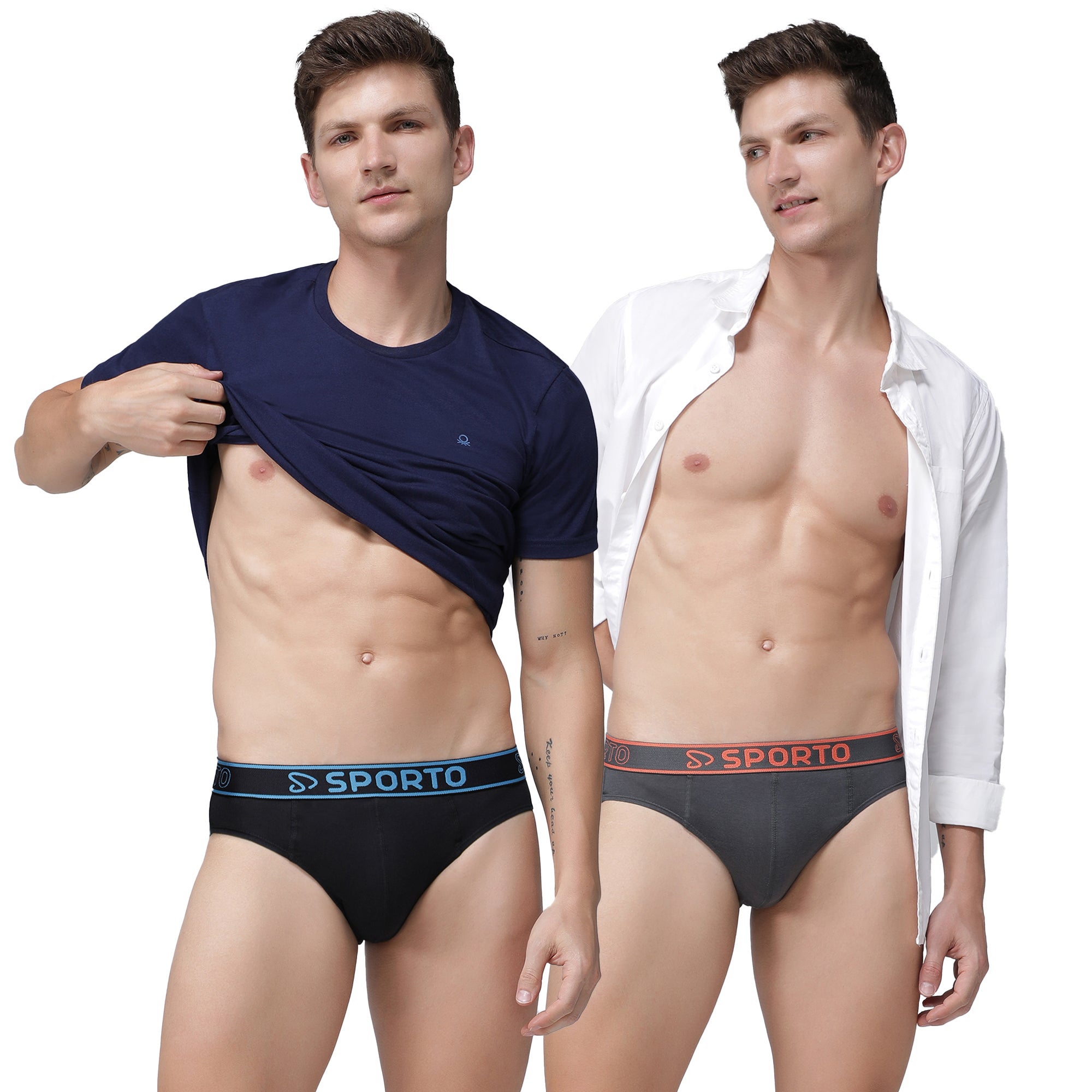 Sporto Men's Solid Cotton Brief (Pack Of 2) Black + Charcoal