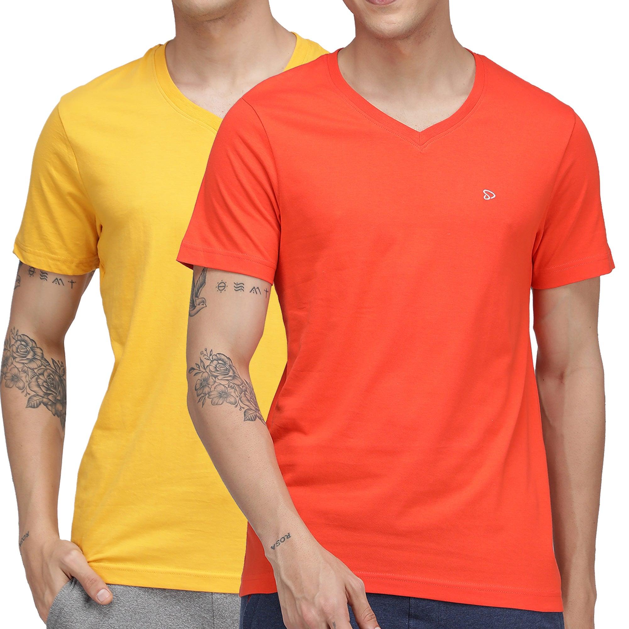 Sporto Men's V Neck T-Shirt - Pack of 2 [Tangerine & Mimosa]