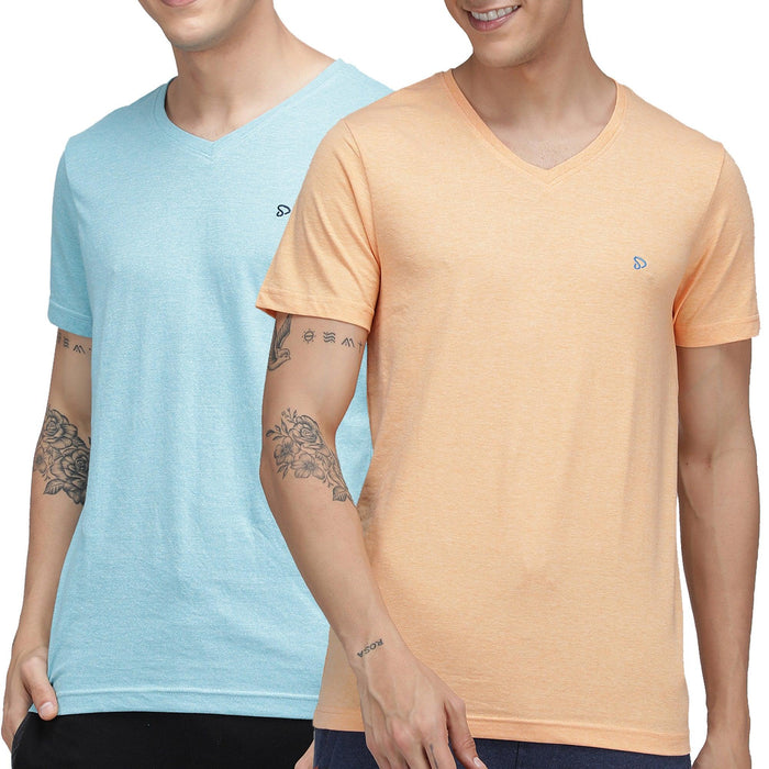 Sporto Men's V Neck T-Shirt - Pack of 2 [Aqua Jaspe & Peach Melange]