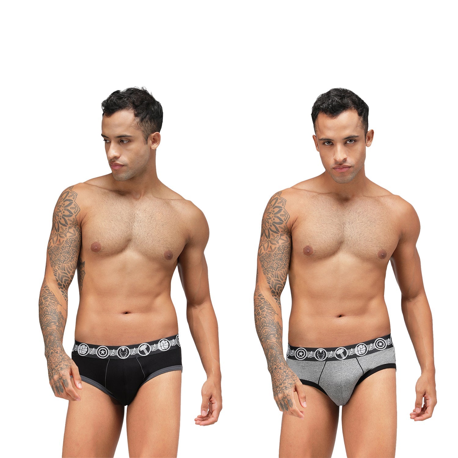 Zoiro Men's Avenger Logo Printed Brief (Pack 2) - Grey Jaspe + Black