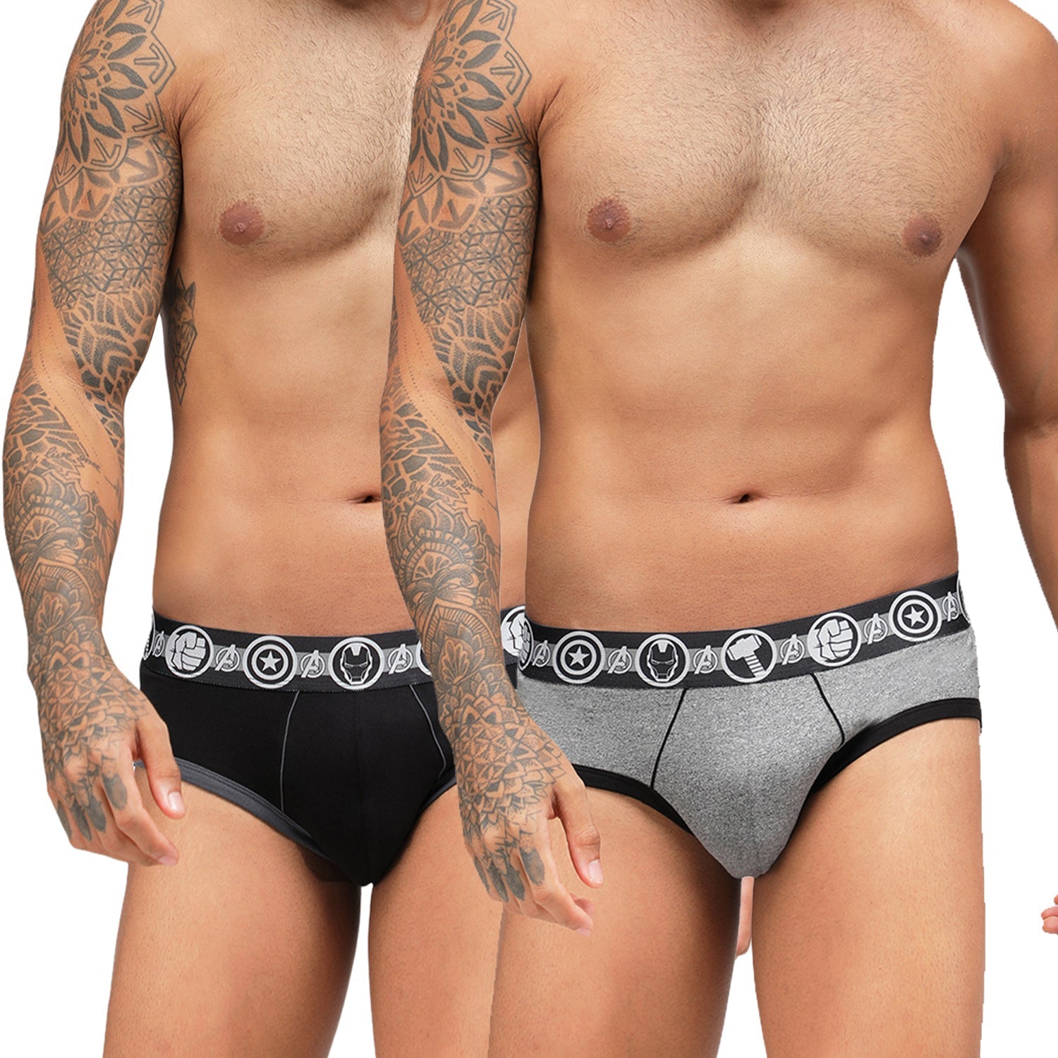 Zoiro Men's Avenger Logo Printed Brief (Pack 2) - Grey Jaspe + Black