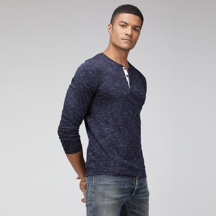 Sporto Men's Henley Neck Full Sleeve T-Shirt - Navy Inject