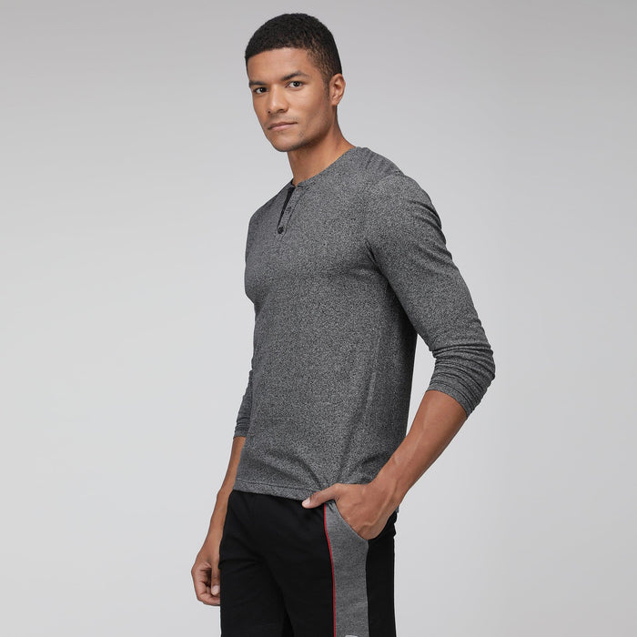 Sporto Men's Henley Neck Full Sleeve T-Shirt - Grey Melange