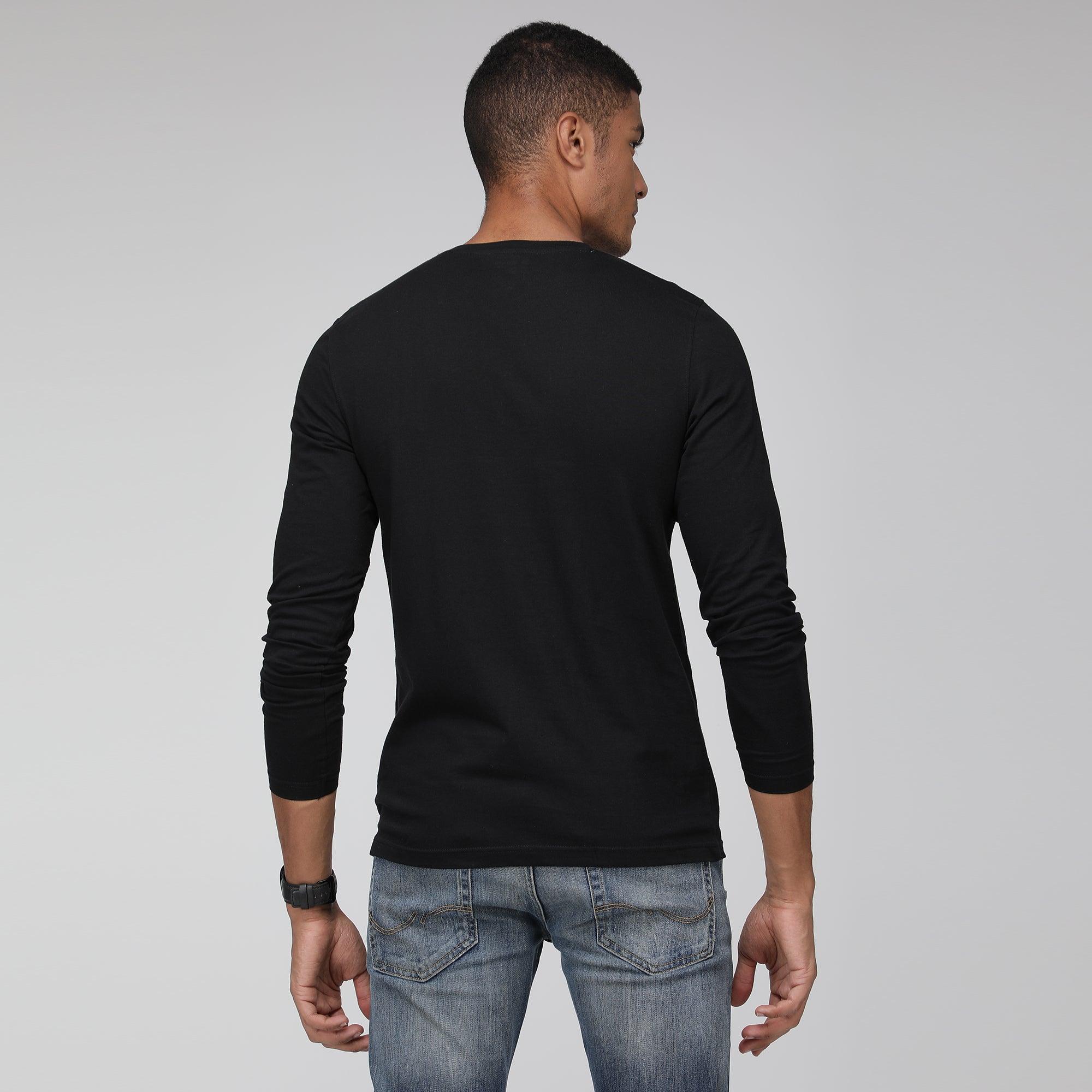 Sporto Men's Henley Neck Full Sleeve T-Shirt - Black