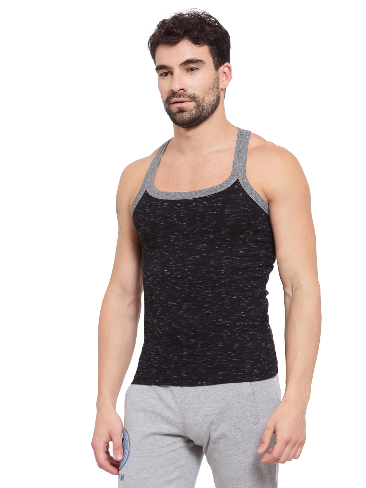 Sporto Men's Cotton Gym Vest - Black With White Inject