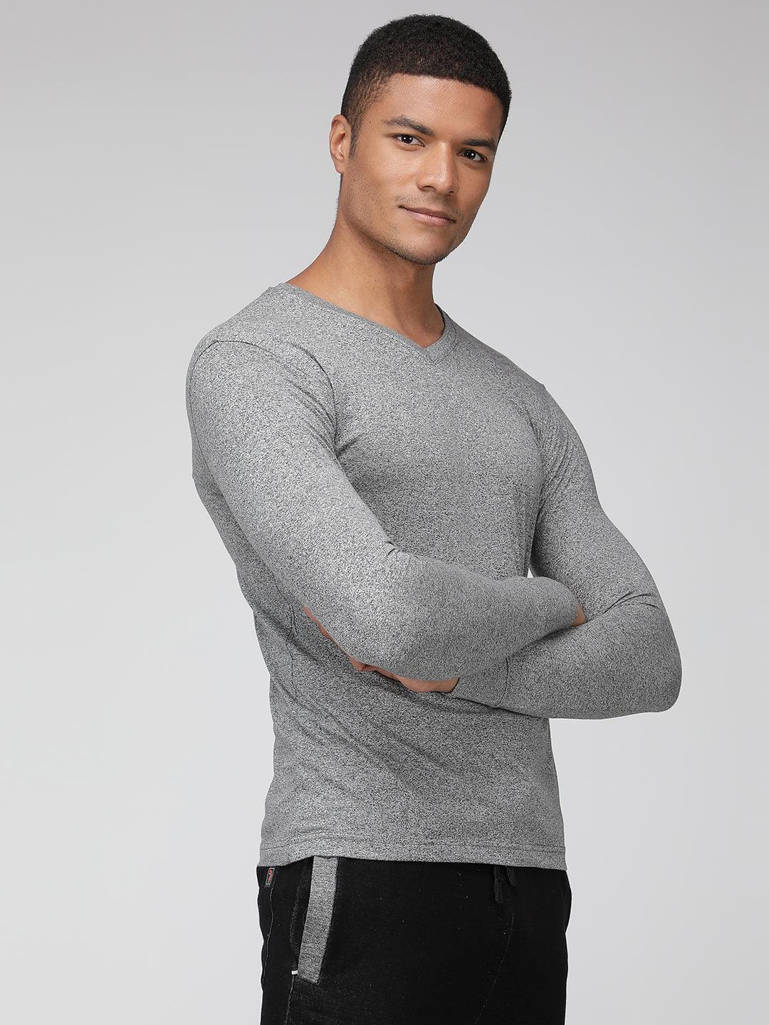 Sporto Men's V Neck Full Sleeve T-Shirt - Grey Melange
