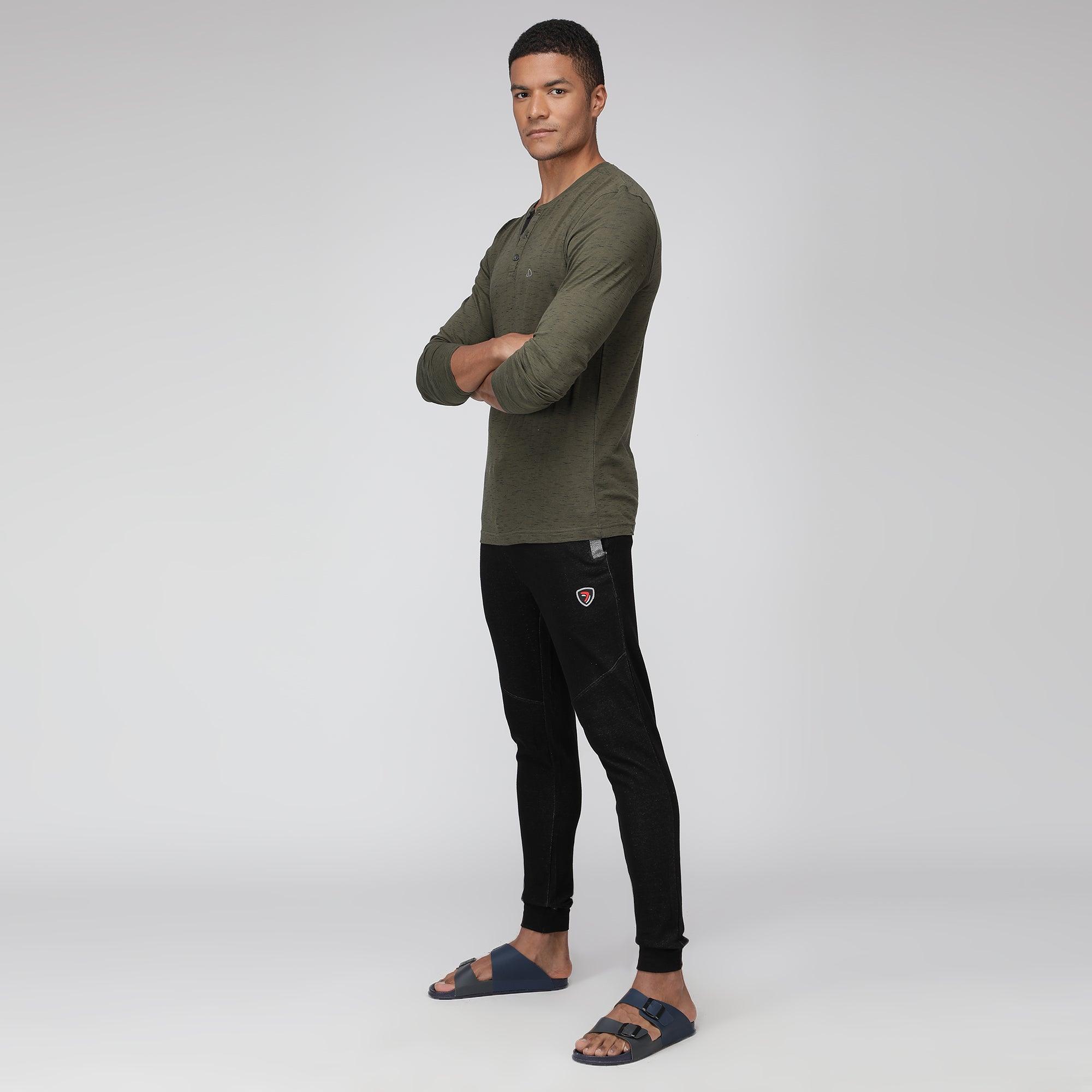 Sporto Men's Henley Neck Full Sleeve T-Shirt - Olive Inject