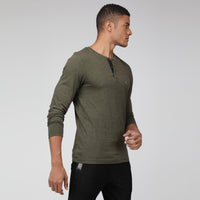 Sporto Men's Henley Neck Full Sleeve T-Shirt - Olive Inject