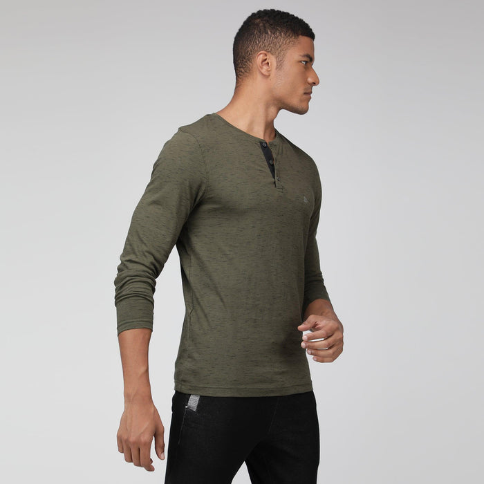 Sporto Men's Henley Neck Full Sleeve T-Shirt - Olive Inject