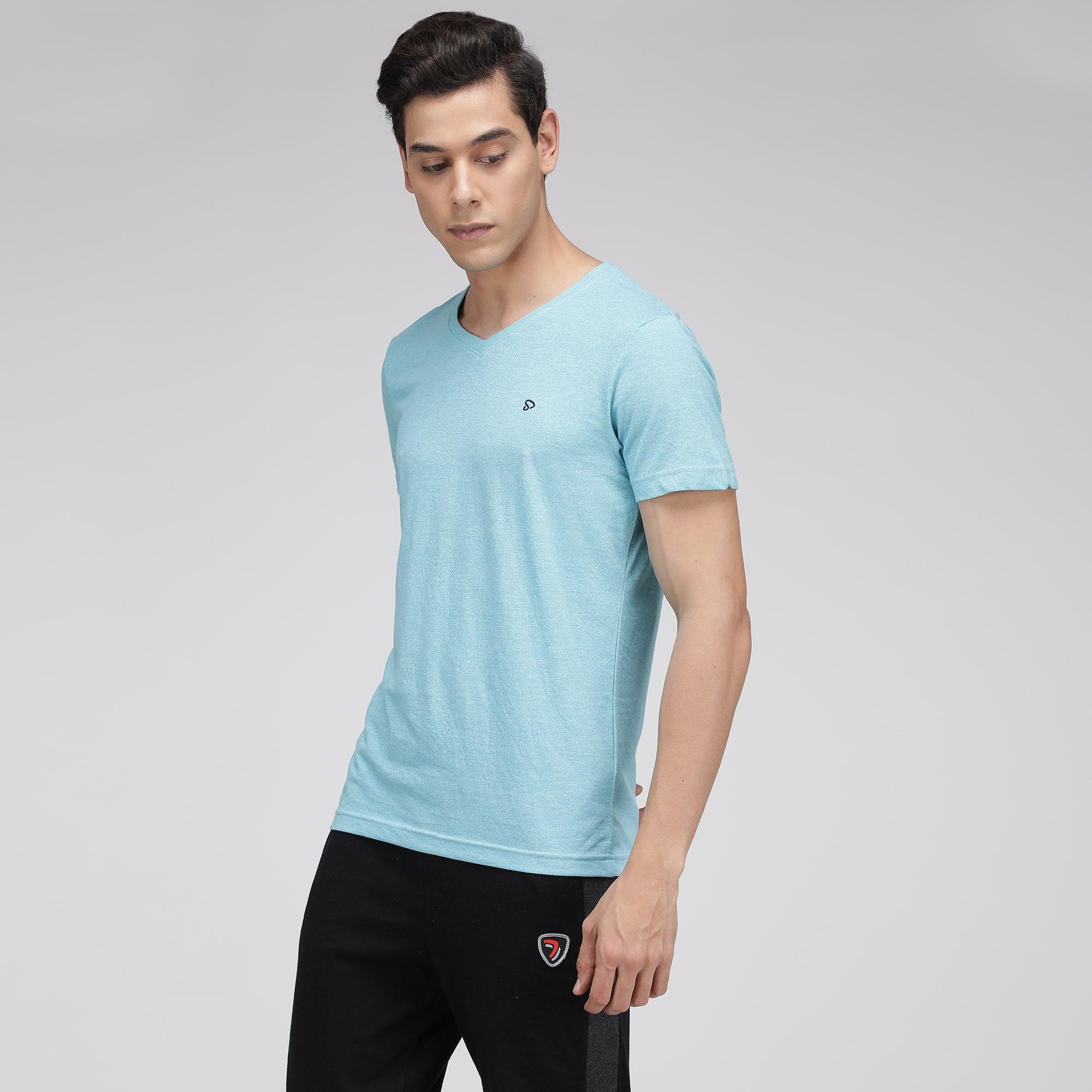 Sporto Men's V Neck T-Shirt - Pack of 2 [Aqua Jaspe & Peach Melange]