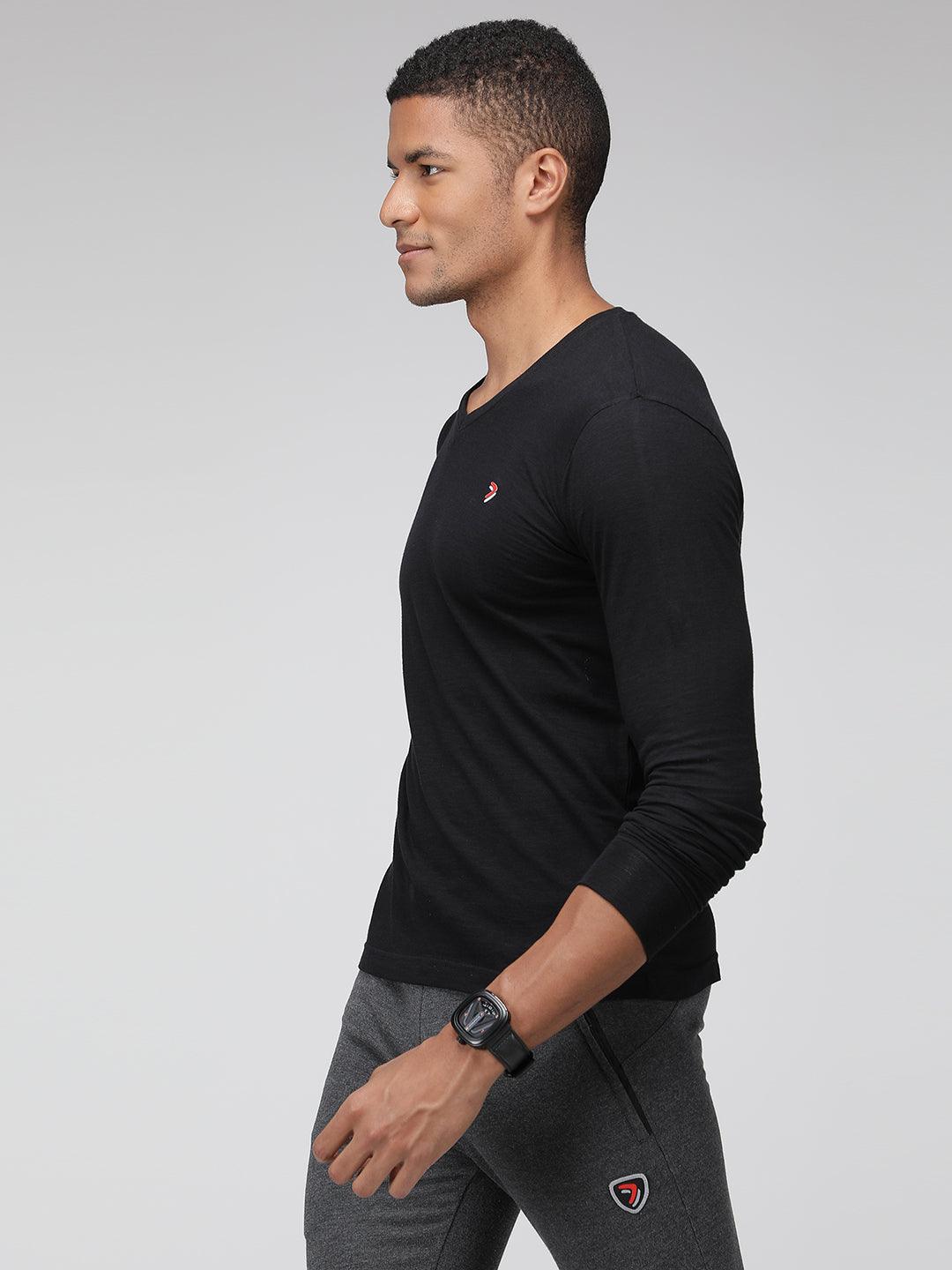 Sporto Men's V Neck Full Sleeve T-Shirt - Black