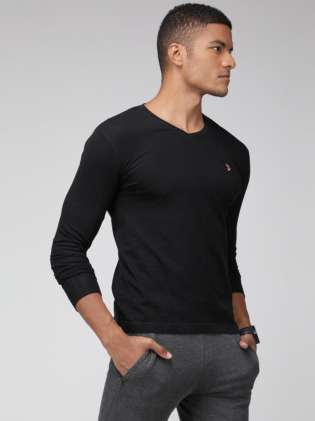 Sporto Men's V Neck Full Sleeve T-Shirt - Black