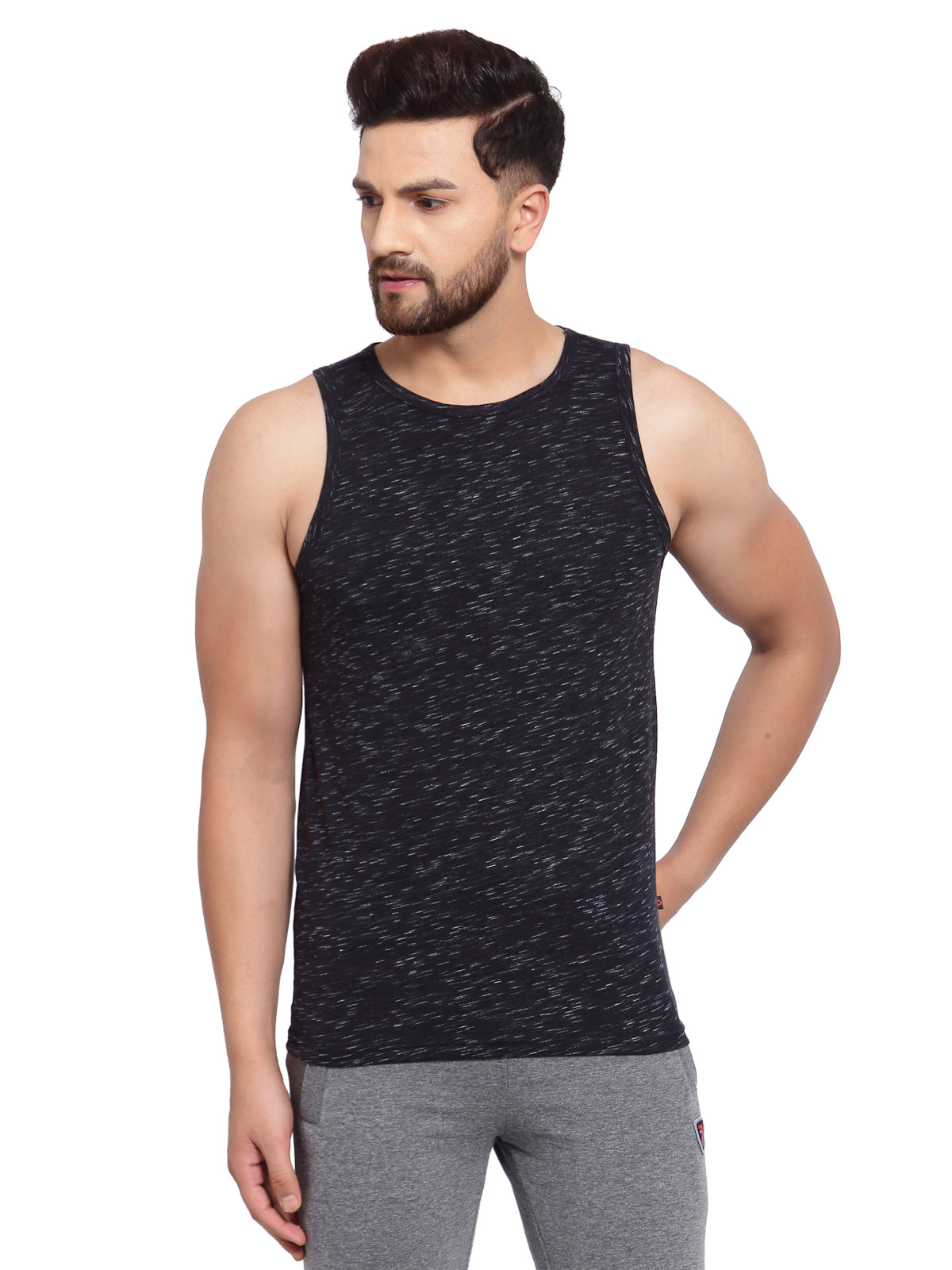 Men's Muscle Vests with Side Contrast Panel - Black Jaspe