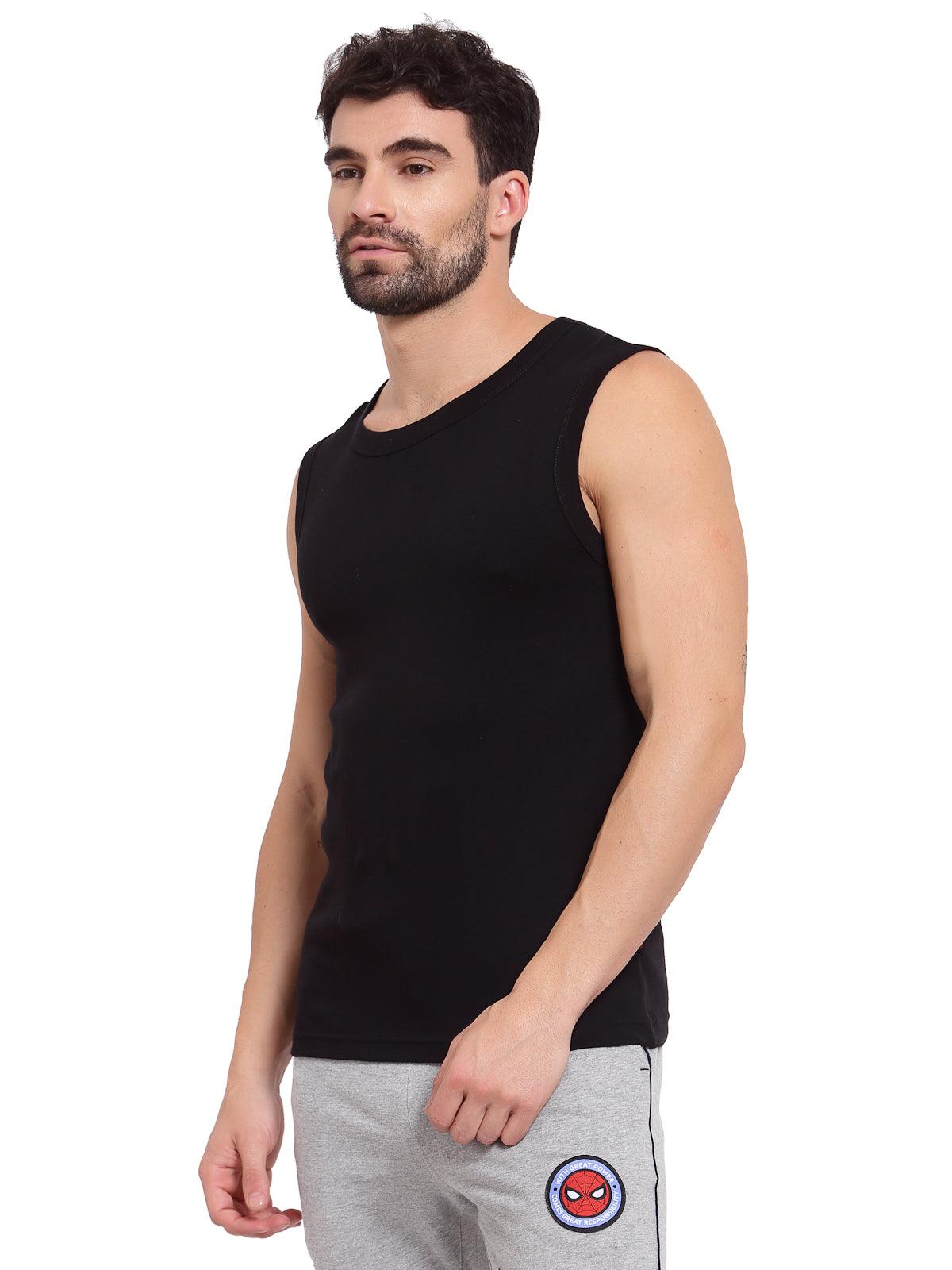 Men's Cotton Solid Gym Vest - Pack of 2 (Black)