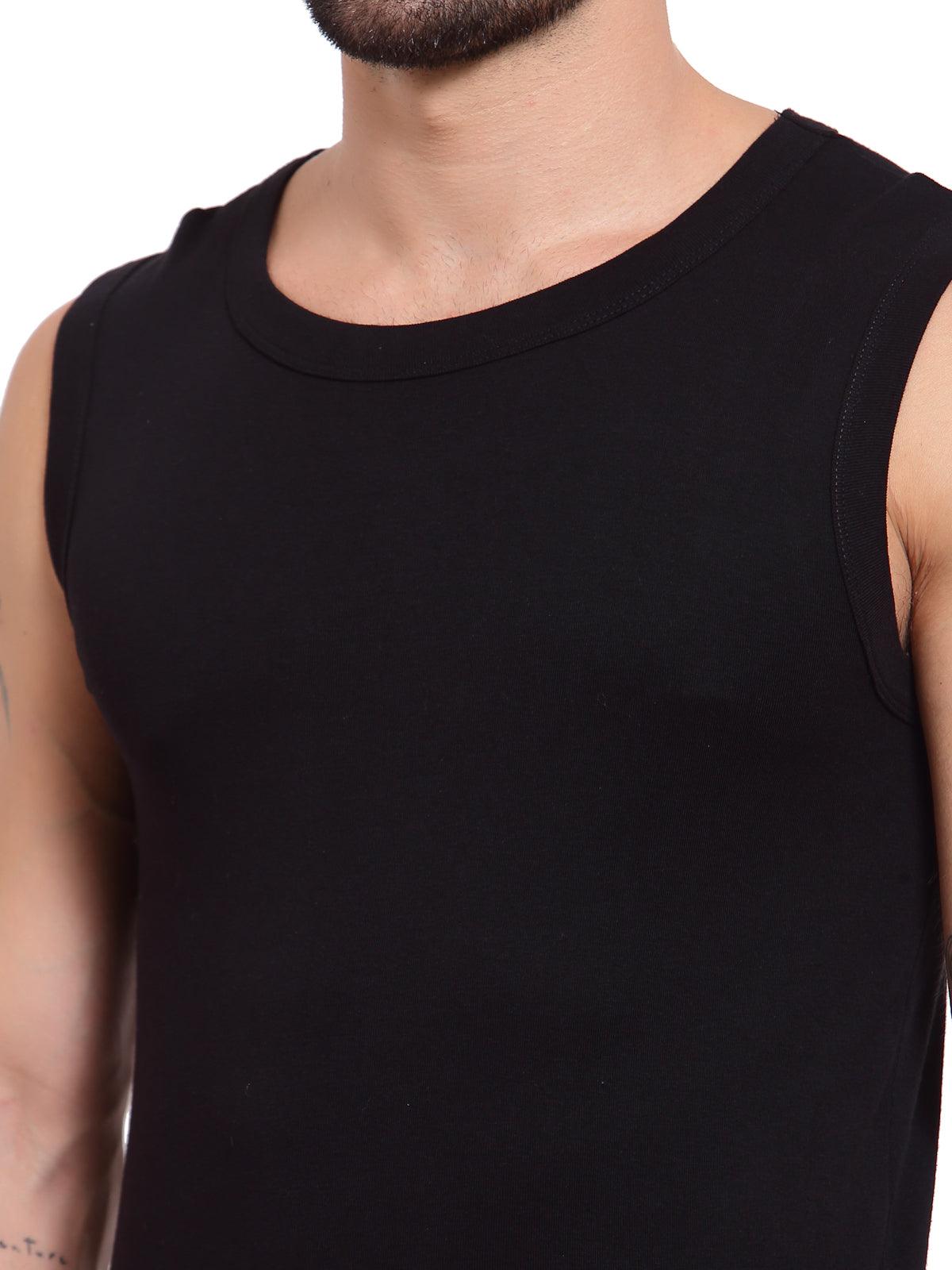 Men's Cotton Solid Gym Vest - Pack of 2 (Black)