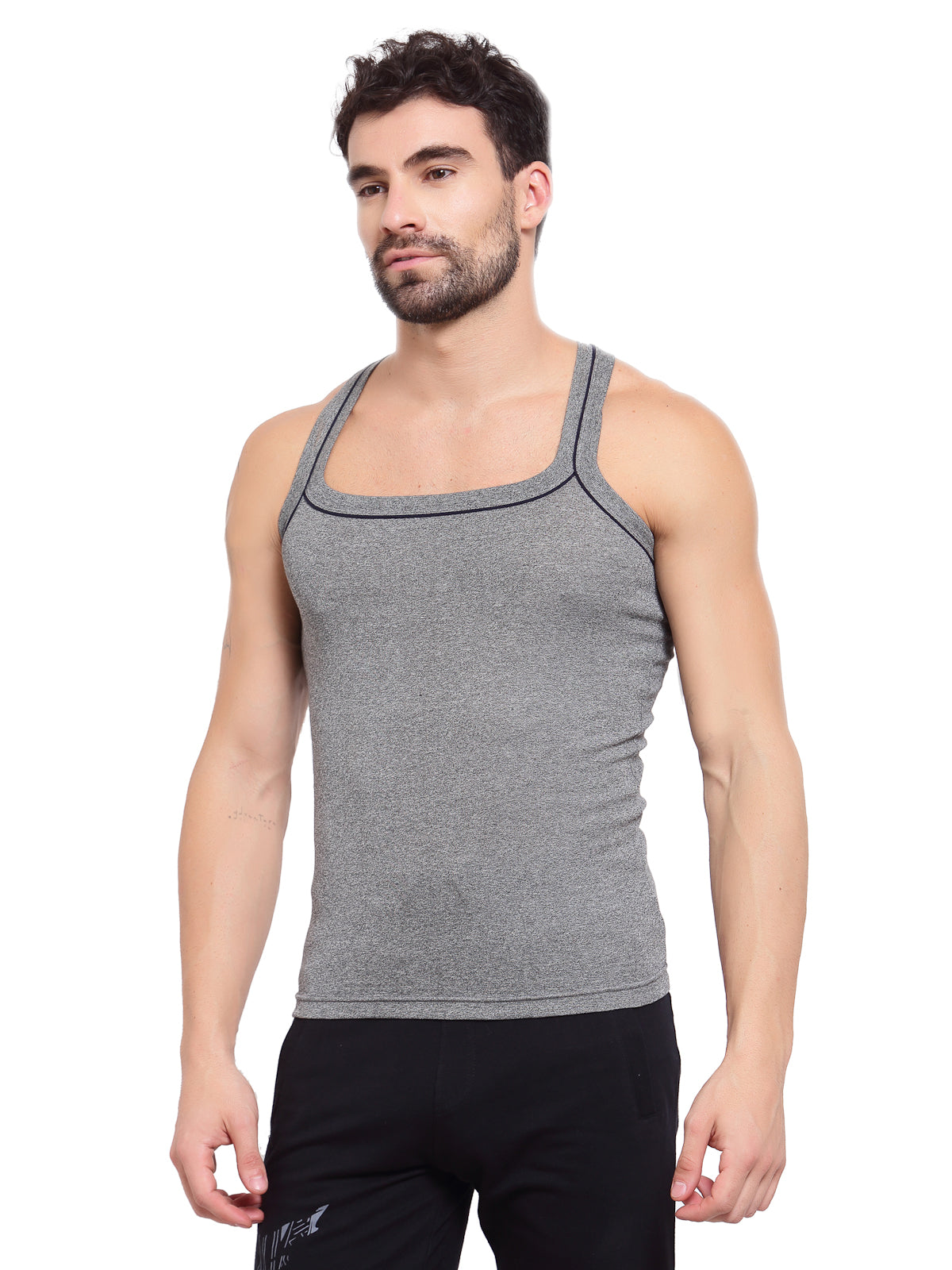 Sporto Men's 100% Cotton Gym Vest with Contrast Piping - Black Jaspe