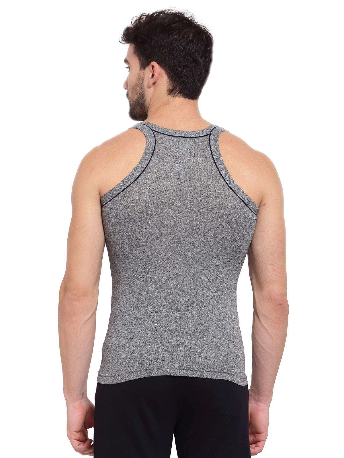 Sporto Men's 100% Cotton Gym Vest with Contrast Piping - Black Jaspe