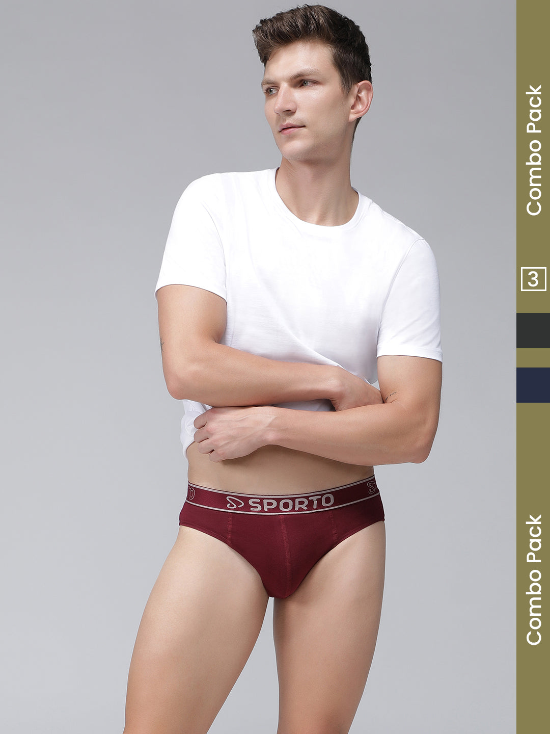 Sporto Men's Solid Cotton Brief (Pack 3) Olive+ Maroon+ Navy