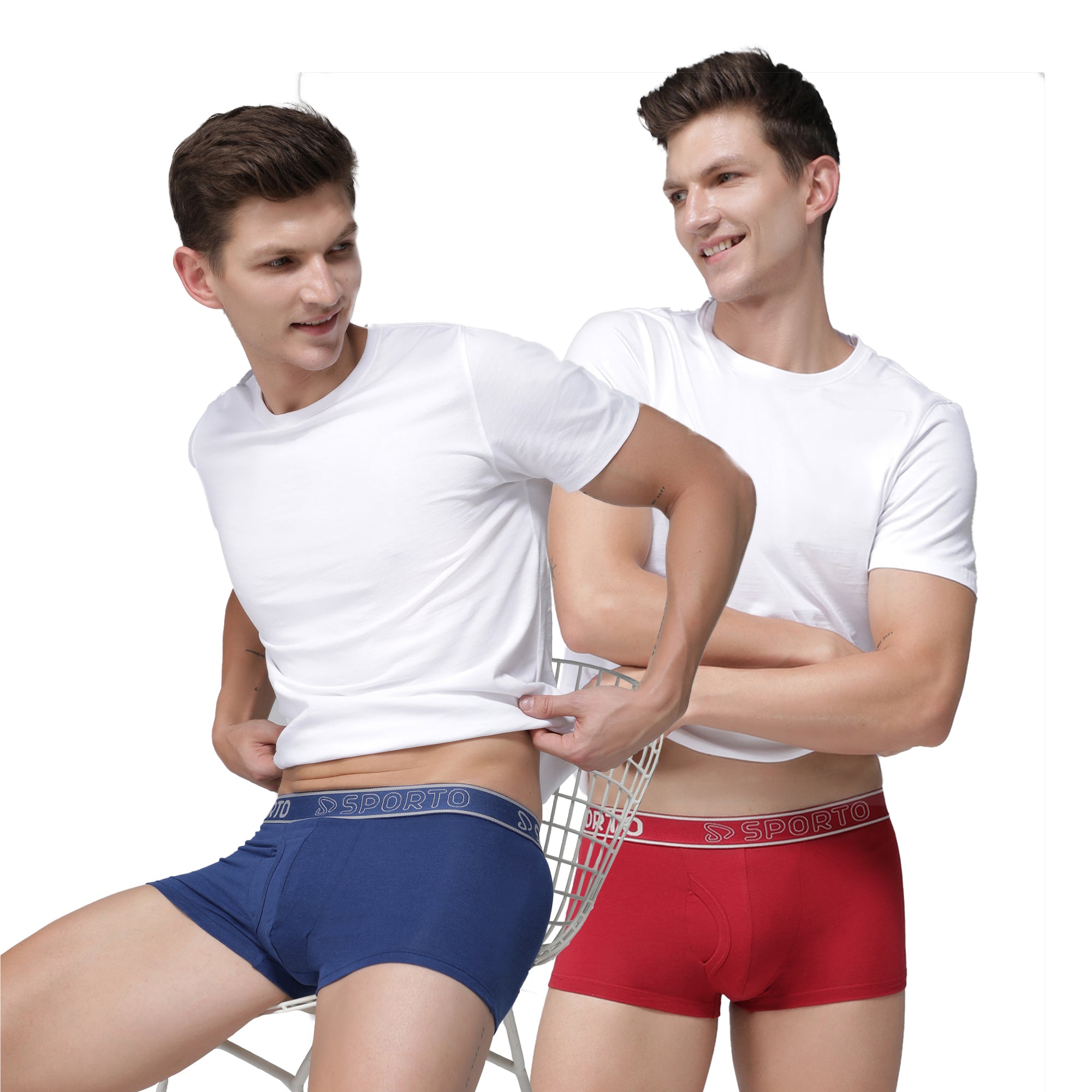 Sporto Men's Solid Cotton Square Trunks (Pack Of 2) - Red & Demin Blue