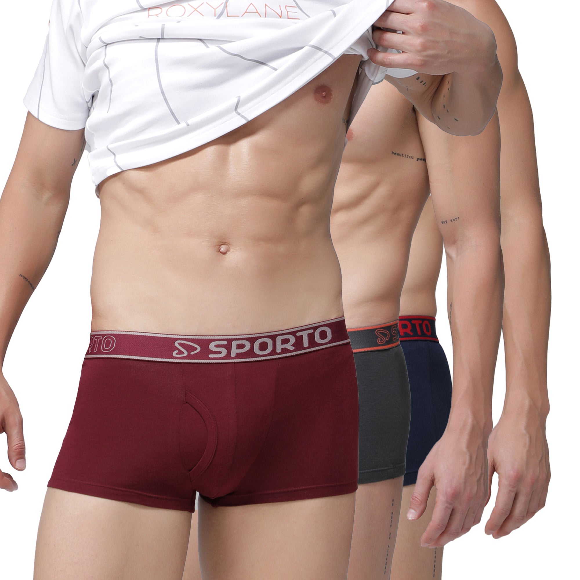 Sporto Men's Cotton Square Trunk (Pack Of 3) - Maroon + Navy + Charcoal