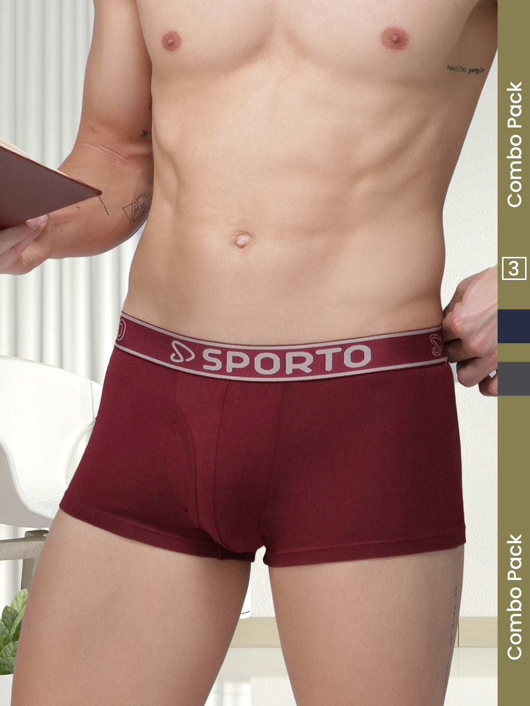 Sporto Men's Cotton Square Trunk (Pack Of 3) - Maroon + Navy + Charcoal