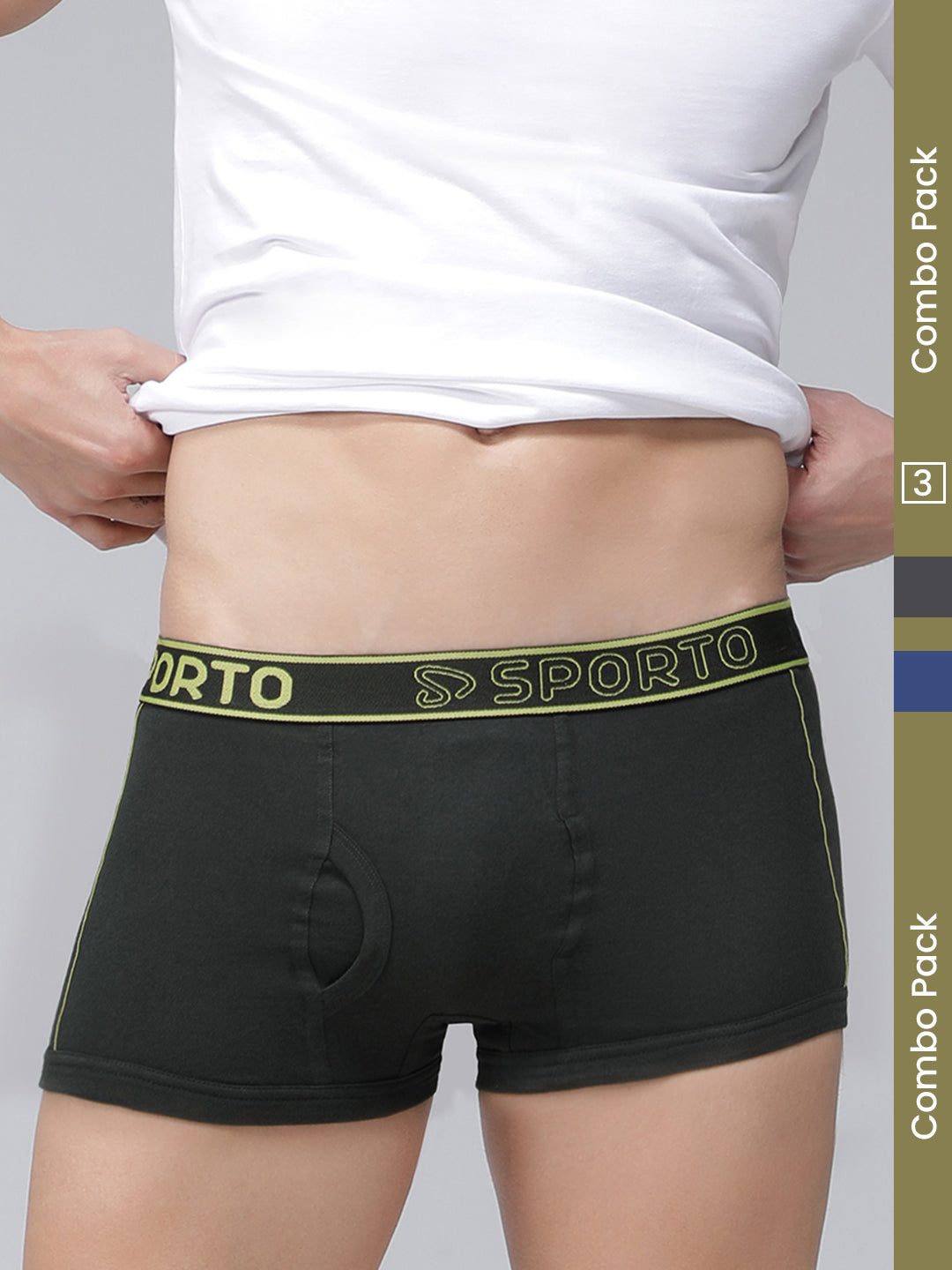 Sporto Men's Spandex Square Trunk (Pack of 3) - Olive + Charcoal + Denim Blue