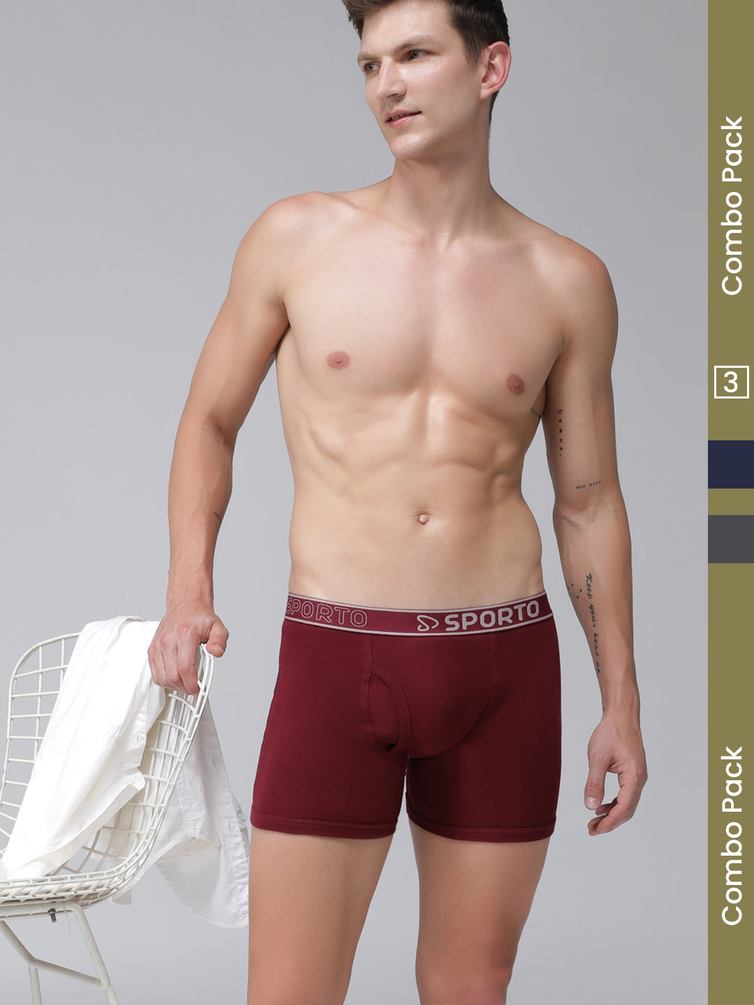 Sporto Men's Ribbed Long Trunks Pack of 3 - Navy, Charcoal & Maroon