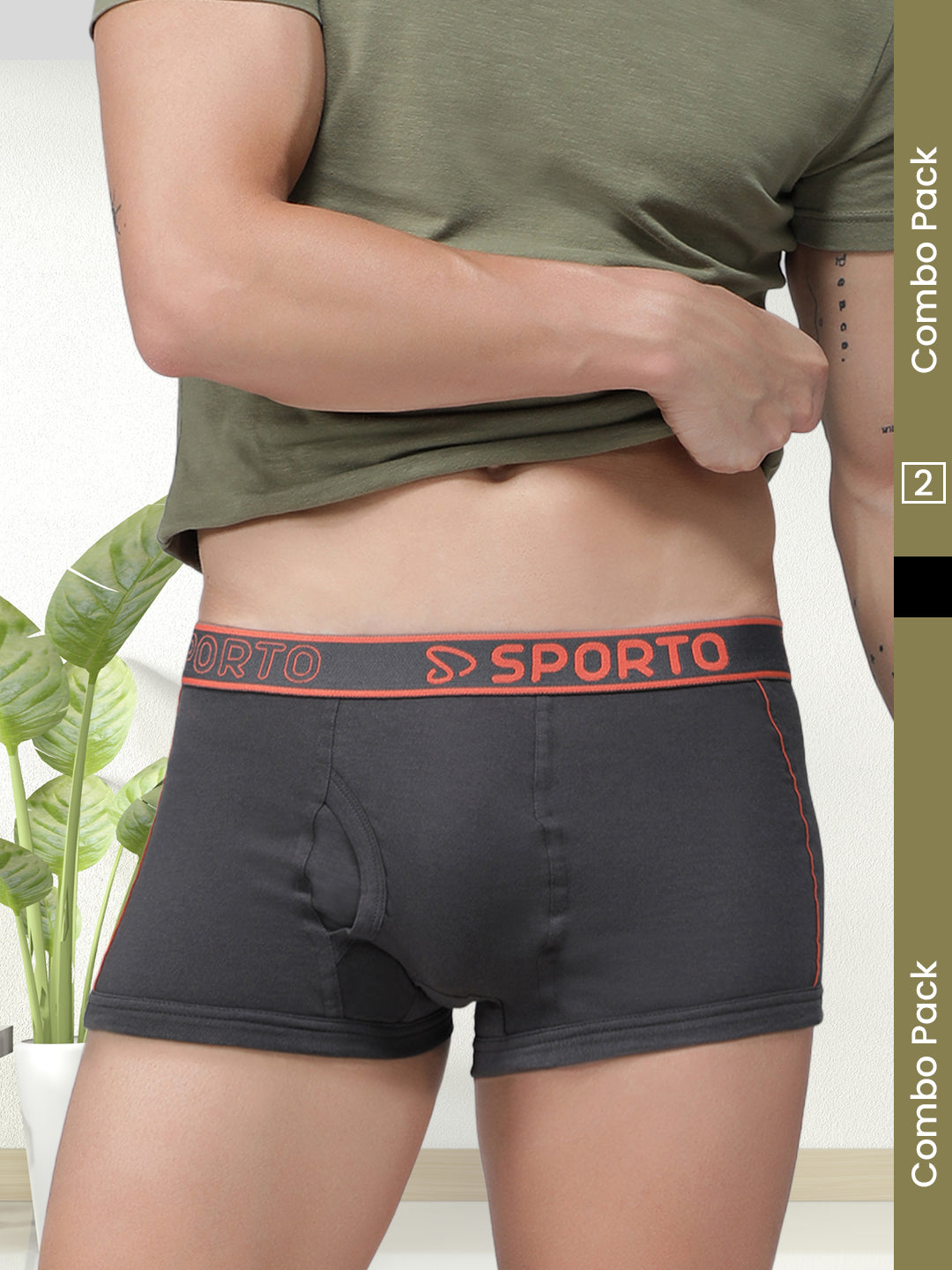 Sporto Men's Solid Spandex Square Trunk (Pack Of 2) - Black + Charcoal