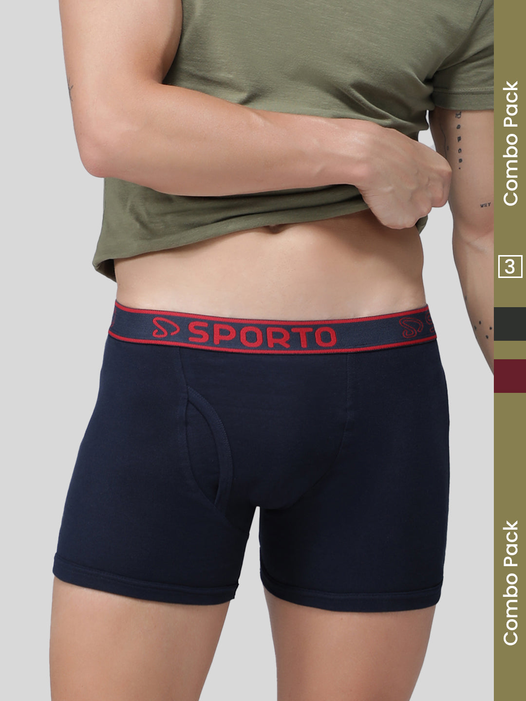 Sporto Men's Ribbed Long Trunk (Pack Of 3) - Navy + Olive + Maroon