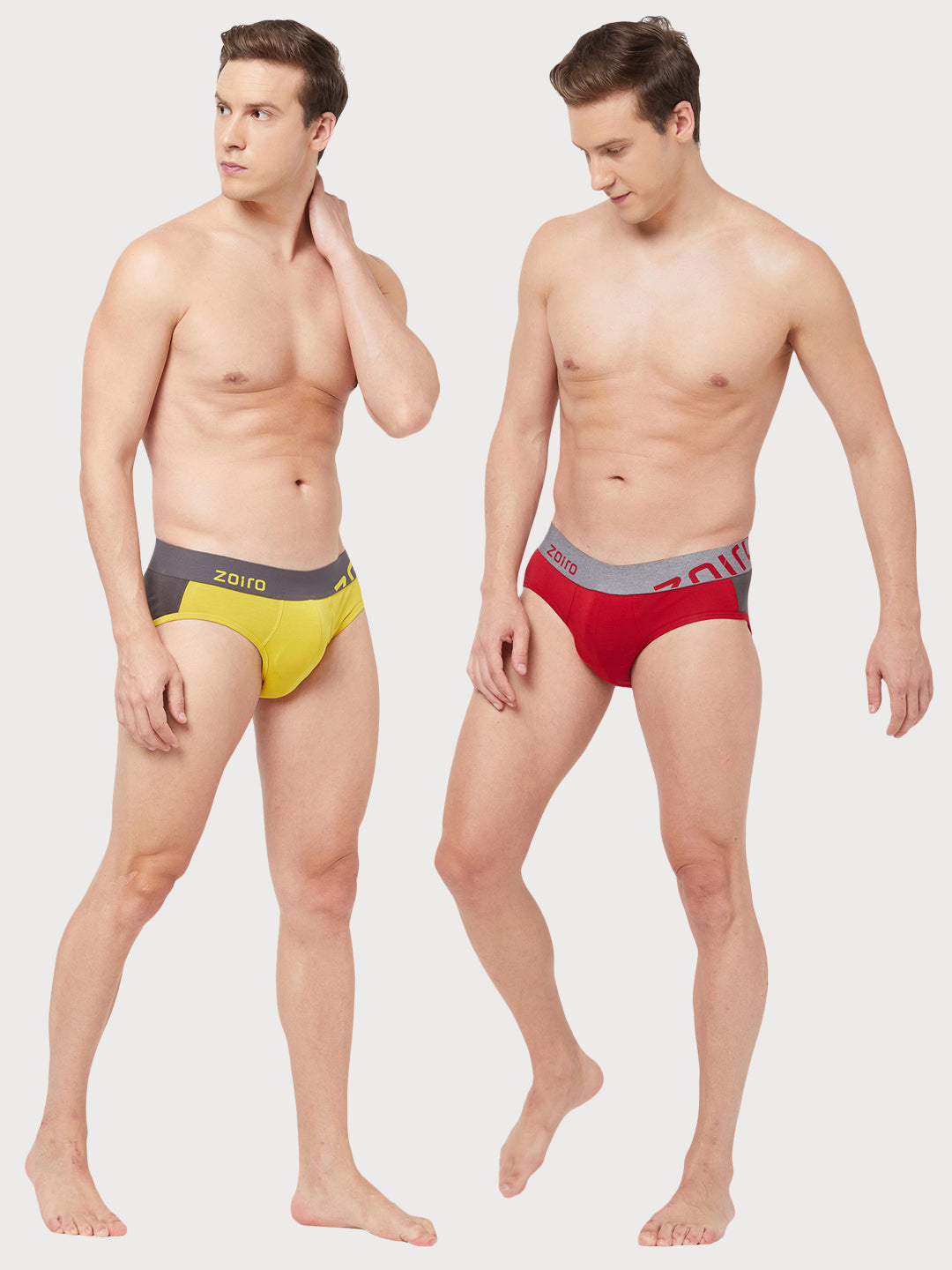 Zoiro Men's Cotton Solid Brief (Pack 2)- Sulphur + Red