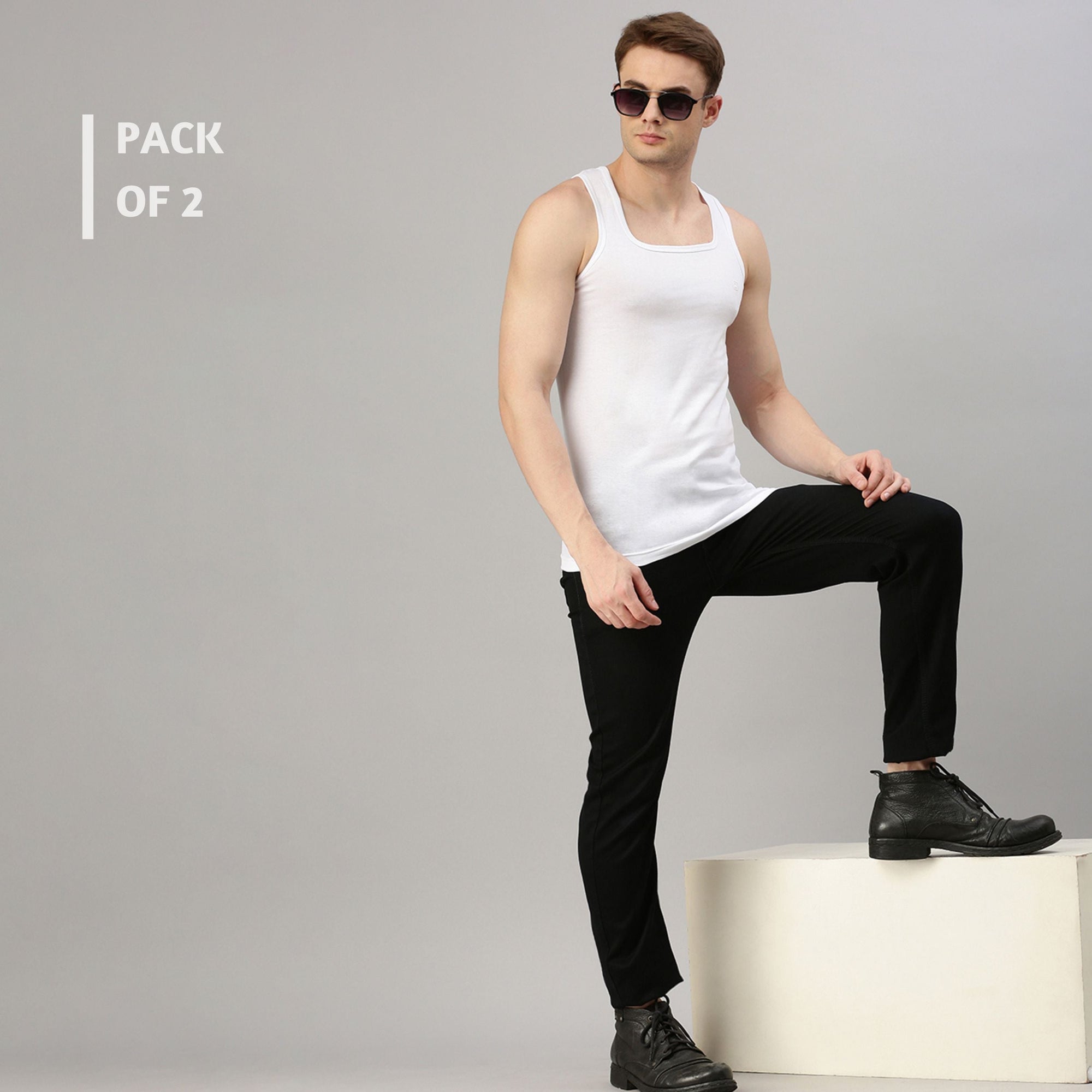 Zoiro Men's Cotton Square Neck Soft Classics Vest (Pack 2) - White