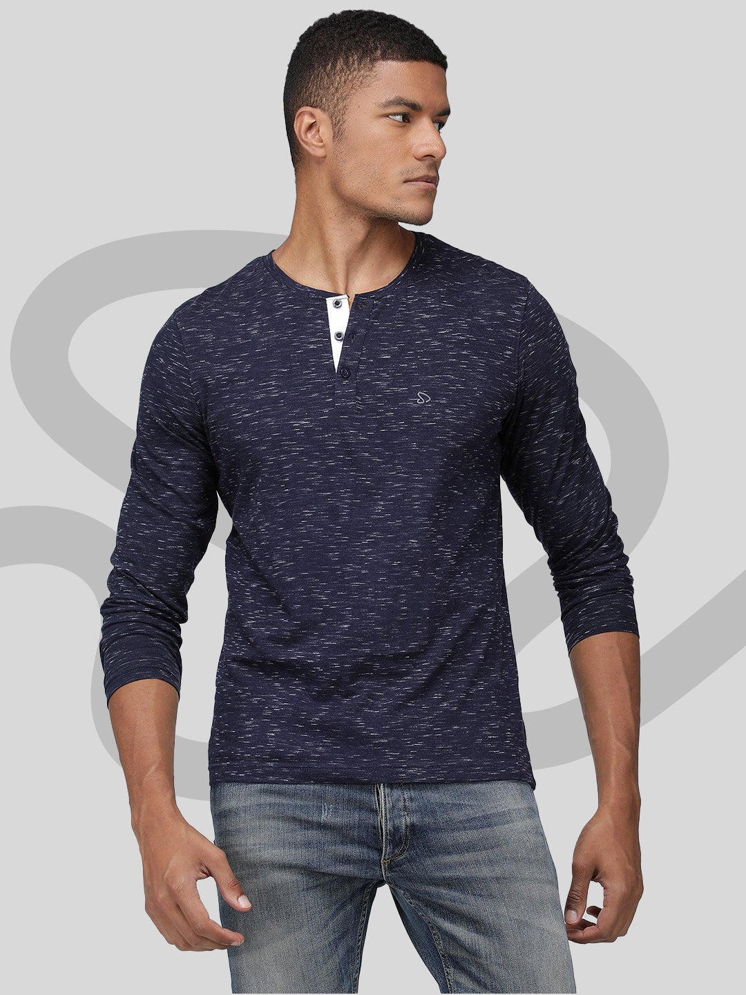 Sporto Men's Henley Neck Full Sleeve T-Shirt - Navy Inject