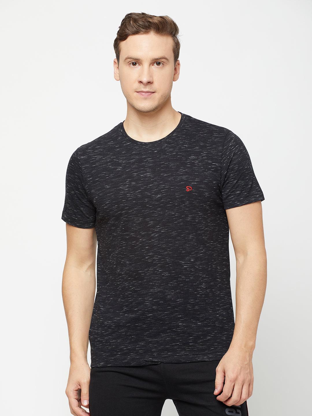 Sporto Men's Round Neck Cotton Tee - Black with Flakes