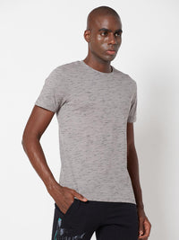 Sporto Men's Round Neck Cotton Tee - Grey with Flakes