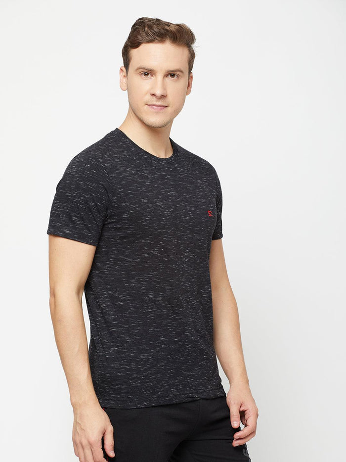 Sporto Men's Round Neck Cotton Tee - Black with Flakes