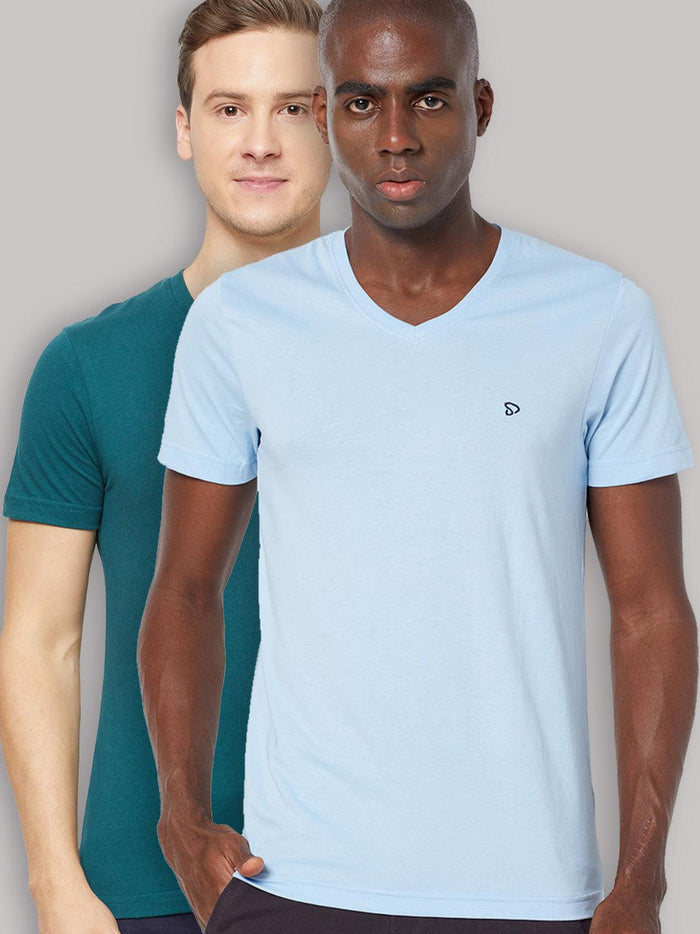 Sporto Men's V Neck T-Shirt - Pack of 2 [Atlantic Deep & Light Iris]