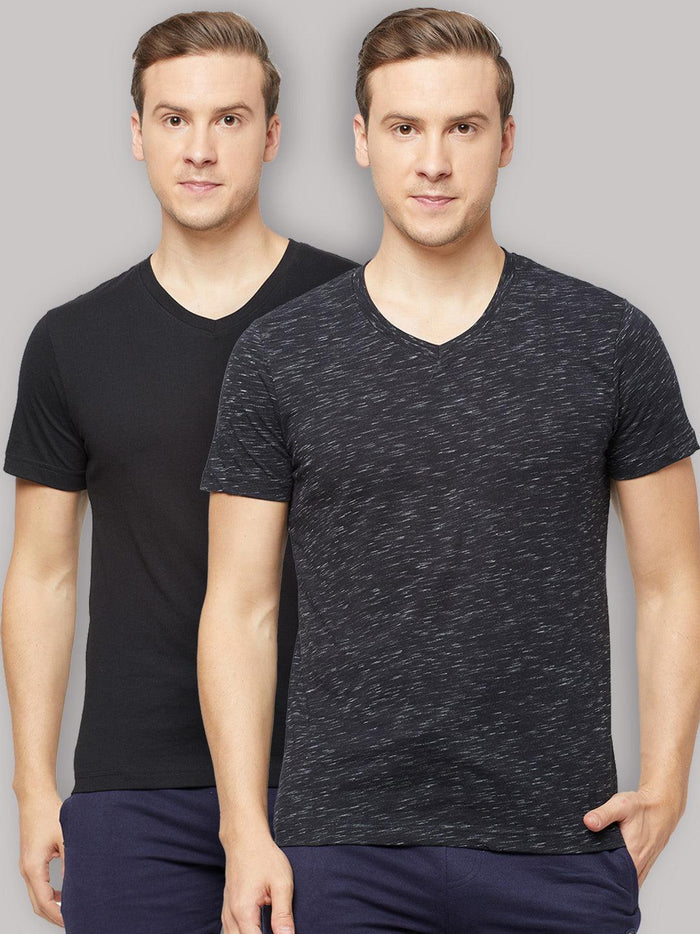 Sporto Men's V Neck T-Shirt - Pack of 2 [Black & Black Flakes]