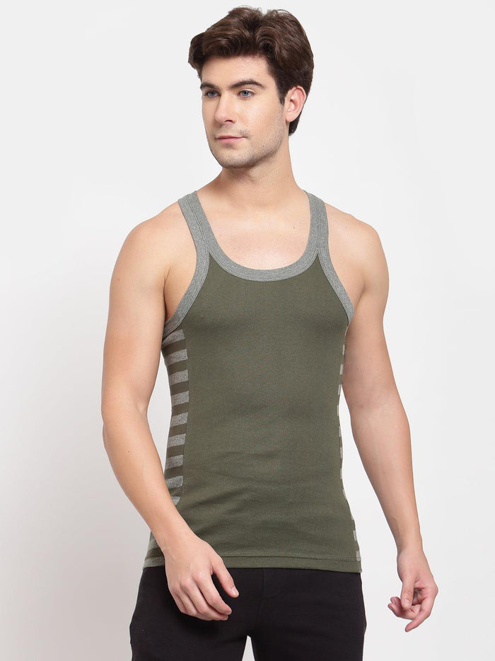 Men's Gym Vests with Designed Side Contrast Panel - Pack of 2 (Black & Olive)