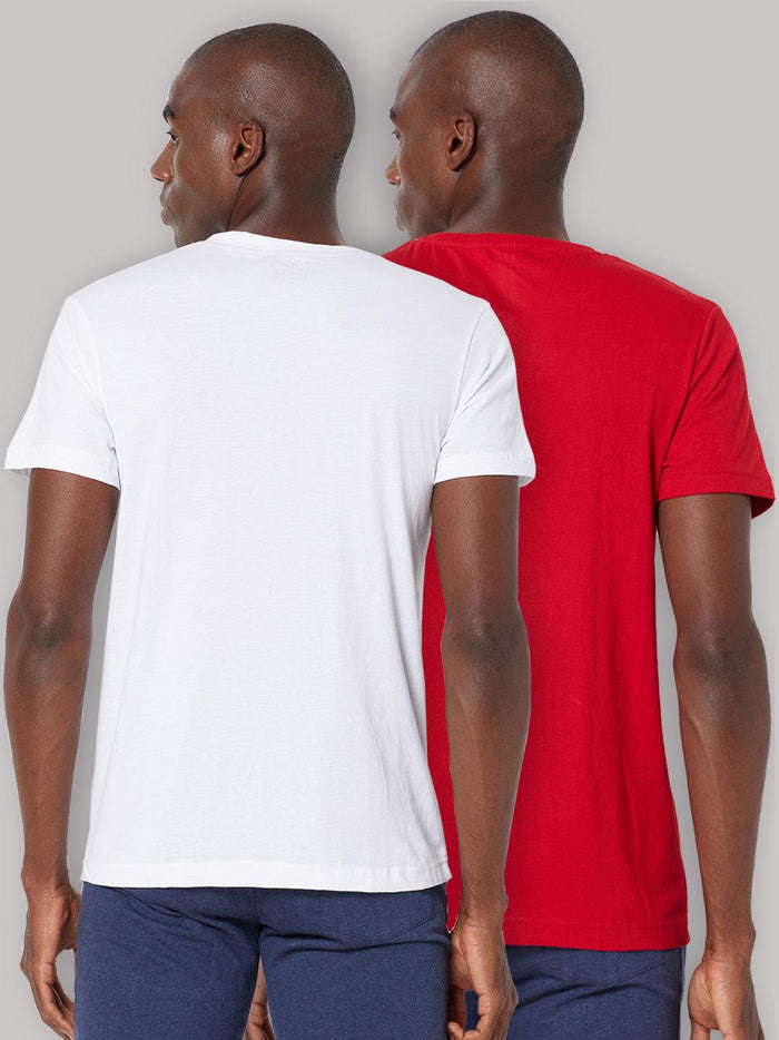 Sporto Men's V Neck T-Shirt - Pack of 2 [White & Red]