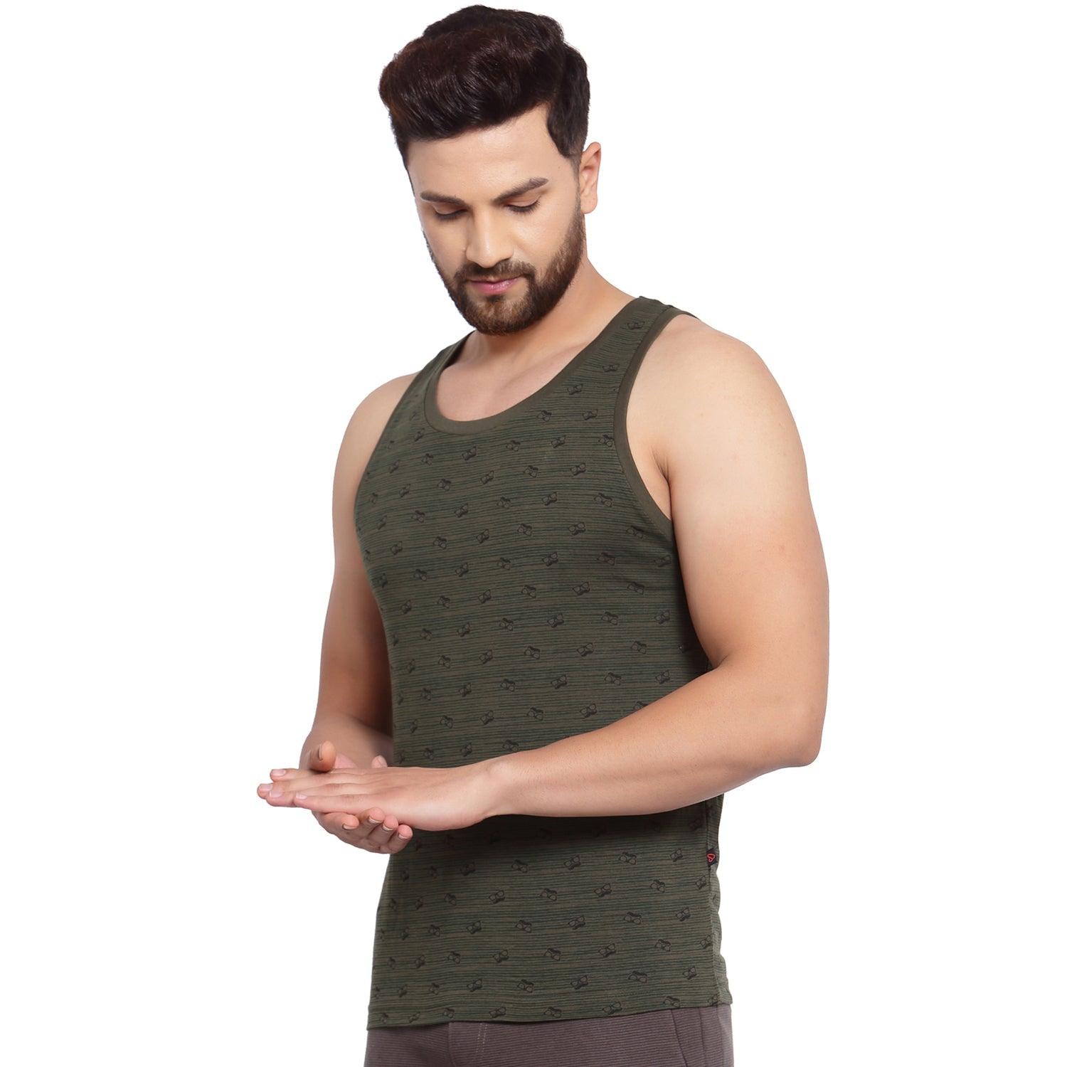 Sporto Men's Round Neck Printed Gym Vest - Pack Of 2 (Black & Olive)