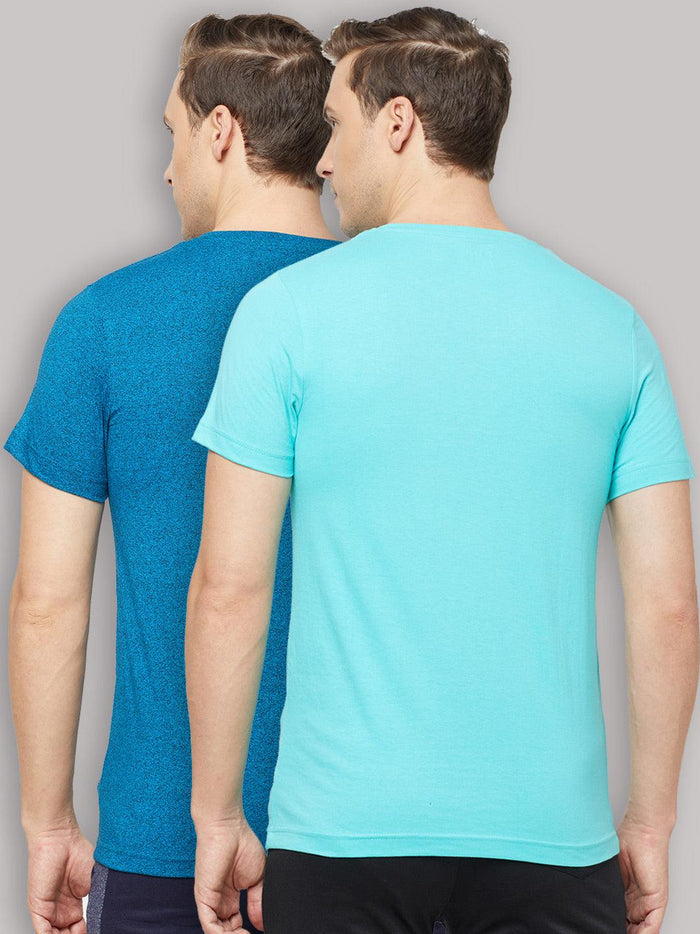 Sporto Men's V Neck T-Shirt - Pack of 2 [Sapphire Blue & Ocean Weave]