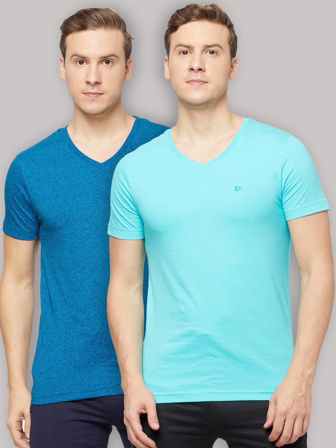 Sporto Men's V Neck T-Shirt - Pack of 2 [Sapphire Blue & Ocean Weave]