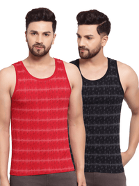 Sporto Men's Round Neck Printed Gym Vest - Pack Of 2 (Black & Red)